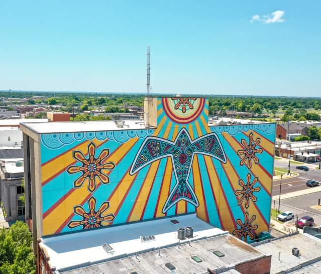 Aerial image of the Red Tail Hawk mural in Downtown Norman, Oklahoma