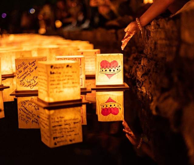 Water lanterns lit up.