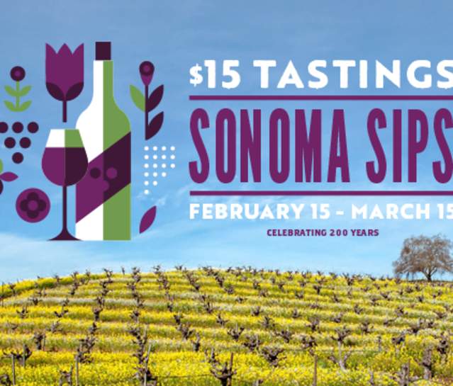 The beauty of the mustard flowers in a Sonoma vineyard with "Sonoma Sips" logo in the sky above it