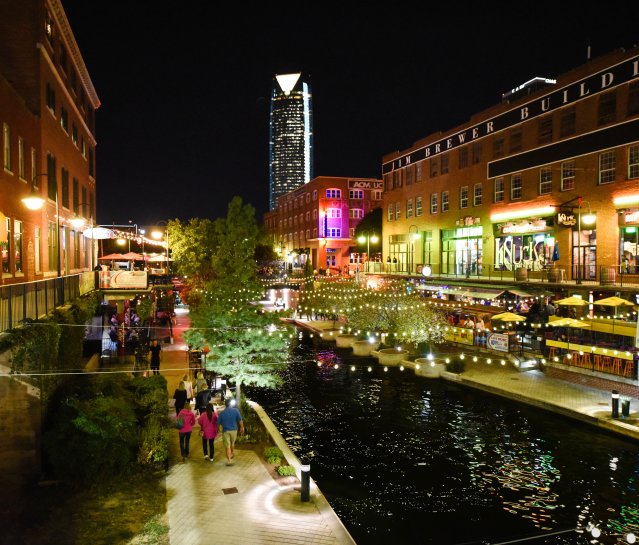 OKC's Bricktown Entertainment District at night