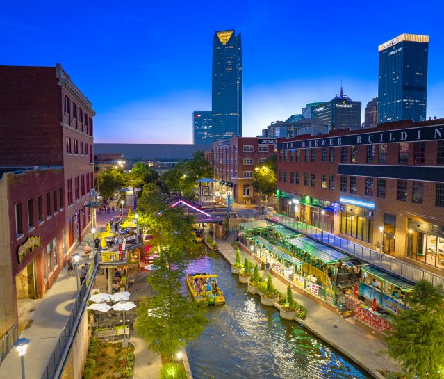 Skyline view of the Bricktown Canal and Water Taxi