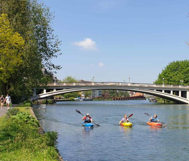 Canoes on the river Thames in front of Reading Bridge