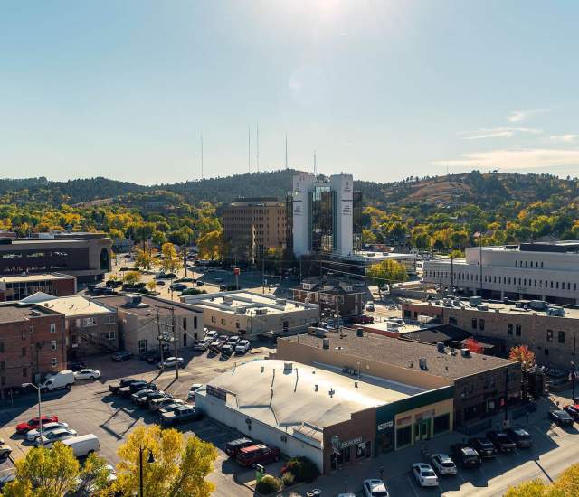 Aerial view of fall colors in downtown rapid city, sd