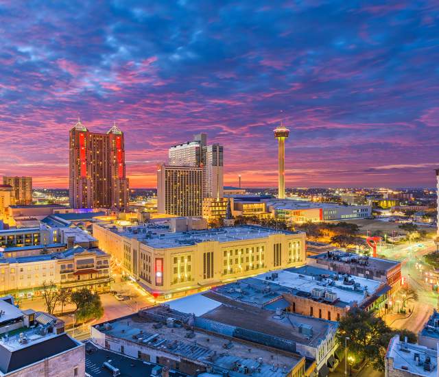 Overhead view of San Antonio skyline at dusk