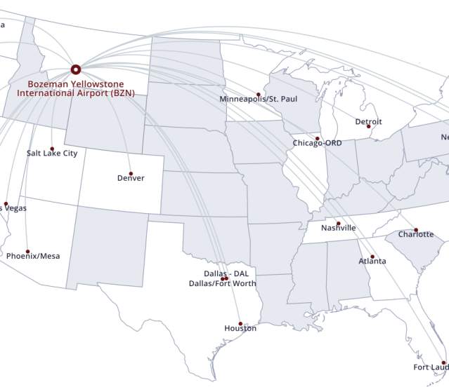 Bozeman Yellowstone International Airport destination map
