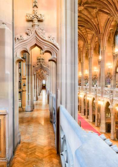 Gothic library with arches and columns