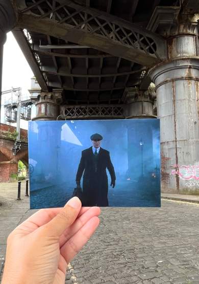 Photograph of Peaky Blinders with actual location in background
