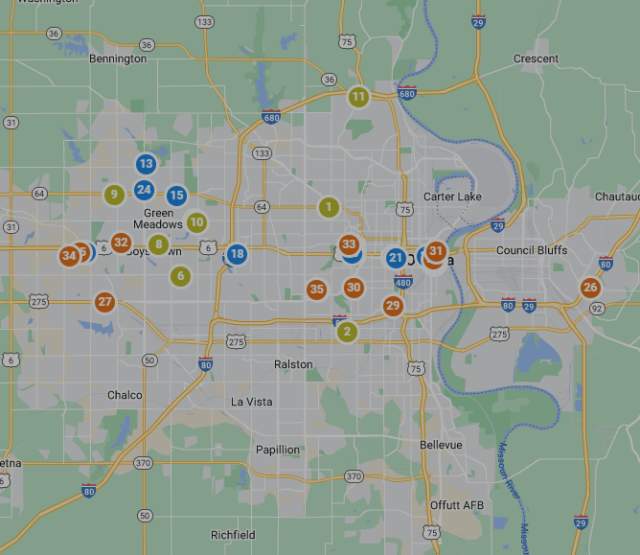 A map of Omaha denoting Omaha Restaurant Week participating locations