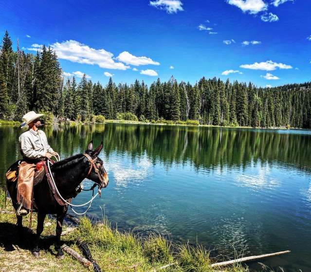 Riding a mule alongside a lake on the Grand Mesa