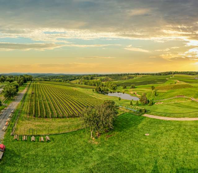 An aerial and panoramic view of Stone Tower Winery at sunset in Leesburg, Virginia.