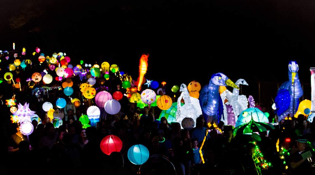 A colorful parade of illuminated lanterns at the Sandy Springs Lantern Parade