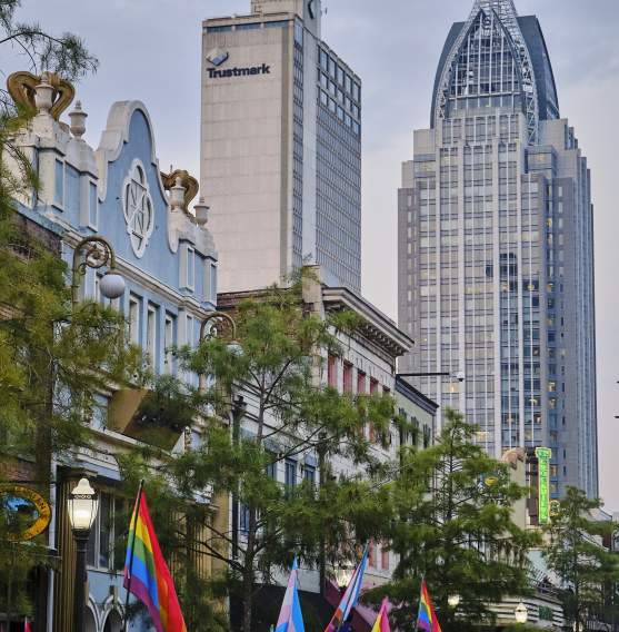 Crowd carrying different LGBTQ+ flags walking throughout downtown Mobile.