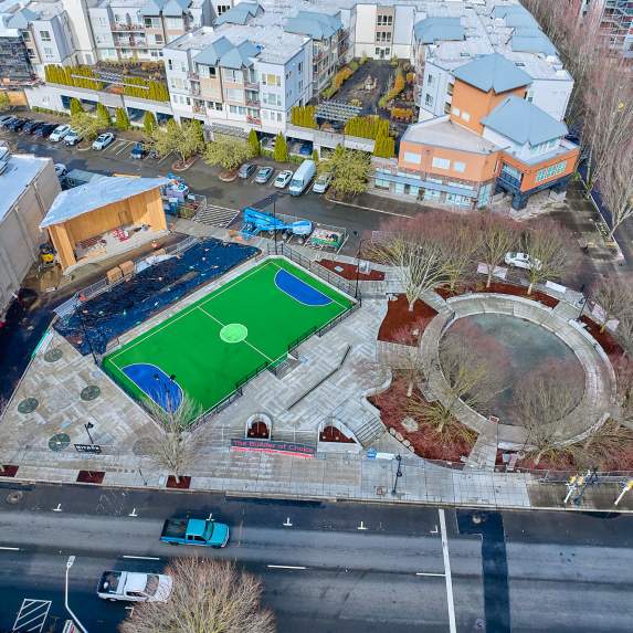 Legacy Square, a public square in downtown Renton featuring stage, futsal court and spot for a new playground.