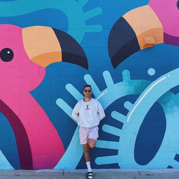 A white man stands with one leg bent against a large mural with blue lines criss crossing and large pink flamingos.