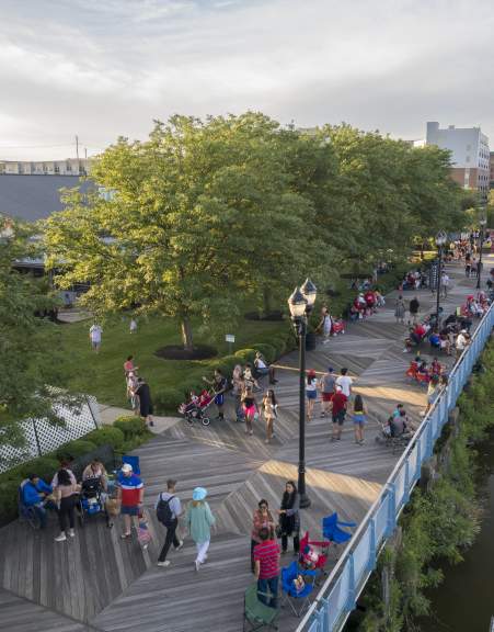 Riverfront Wilmington, aerial view of the riverwalk