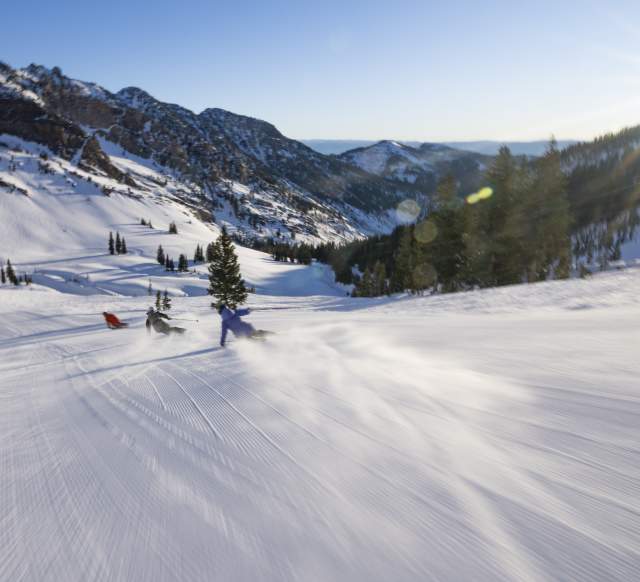 Skier going down a run at Snowbird Resort.