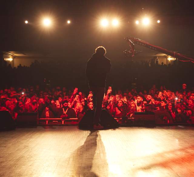 Performer on stage in front of cheering audience