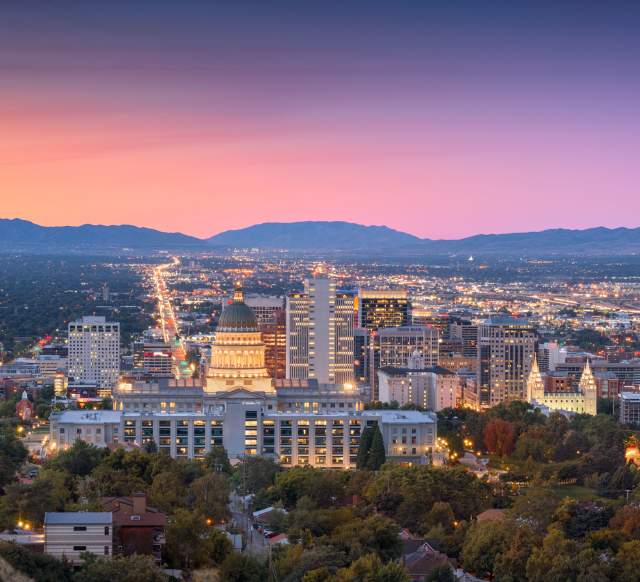 Sunset view of the Salt Lake Valley with the capitol building looking down State street