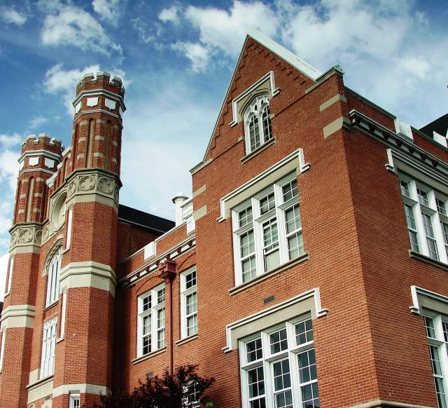 Red brick building with towers - Converse Hall at Westminster College