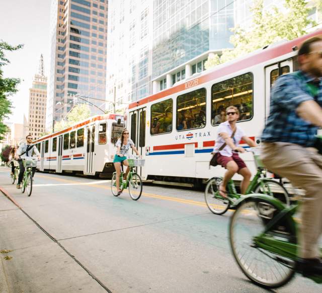 GREENbike Alongside Trax in downtown Salt Lake