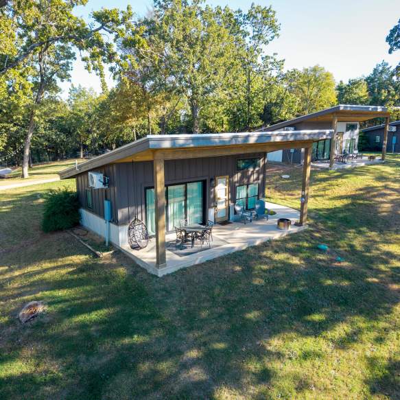 Exterior view of cozy Texas Tiny Cabins near Denison and Lake Texoma
