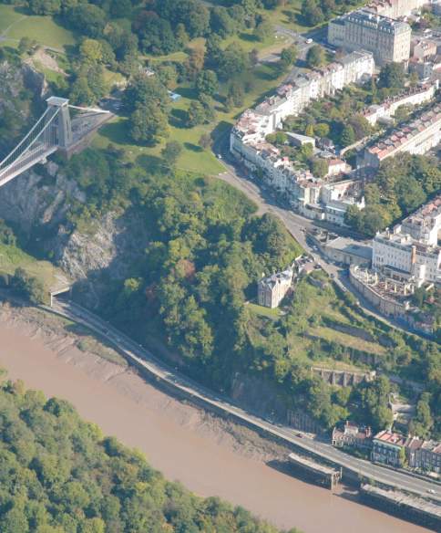 An aerial view of the Clifton Suspension Bridge & Clifton Village in West Bristol - credit Visit Bristol