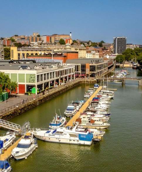 A view of Broad Quay on Bristol's Harbourside looking towards the city centre