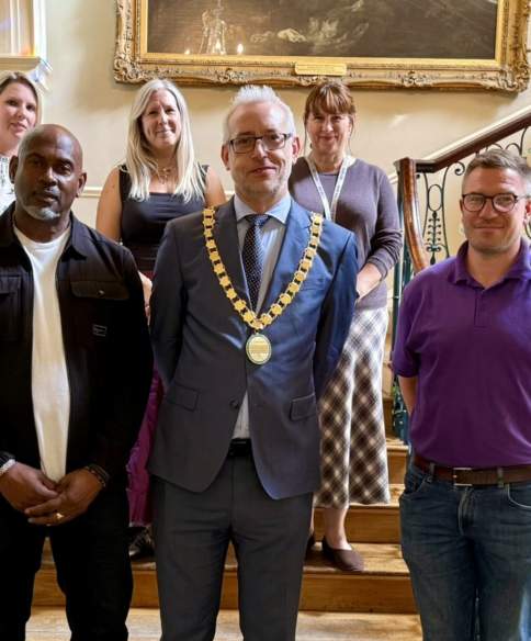 Photo: Back row L-R: George Clutten, Town Clerk at Radstock Town Council; Toni Green, Project Manager at 3SG; Ghika Savva, Student Community Partnership Manager. Front row L-R: Rod Dixon, Beryl Dixon’s son, Councillor Shaun Stephenson-McGall, Council Chair; Andrew Donavon, Partnership Manager at Everyone Health