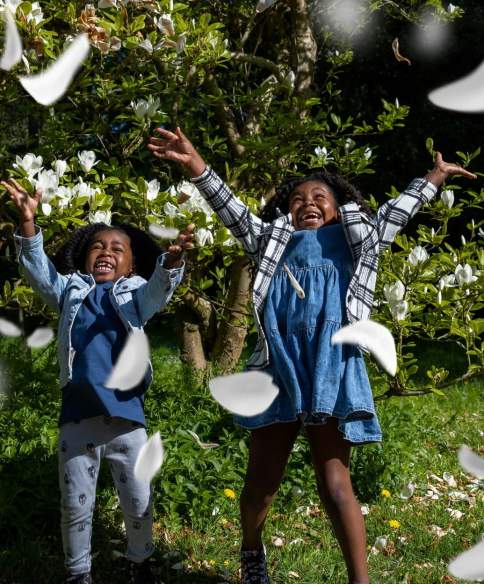 Children playing in flower blossom at Westonbirt Arboretum near Bristol among spring blossom - credit Johnny Hathaway