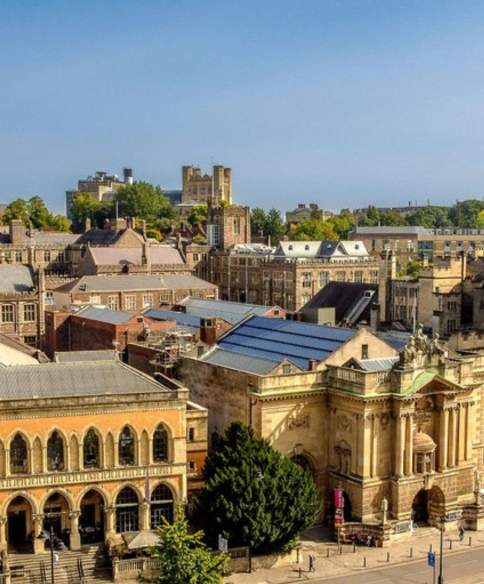 An aerial view of the Wills Memorial Building and Bristol Museum at the top of Park Street in central Bristol