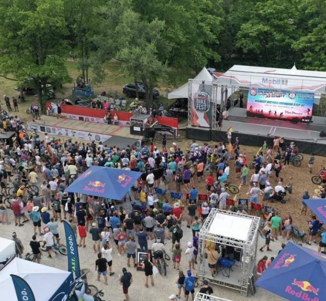 An aerial view of a crowd at a festival