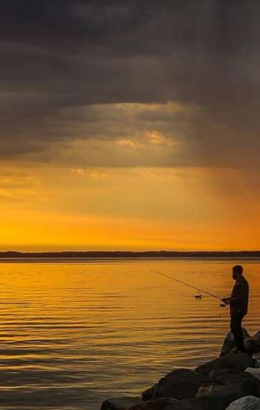 A person fishes over the edge of a lake at sunset. The sun is bright and the person is in shadow.
