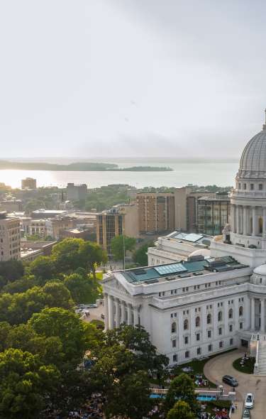 An aerial view of the Wisconsin State Capitol