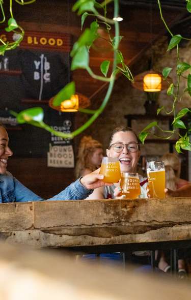 Three women sit at a bar that is full of greenery and cheers their glasses of beer.