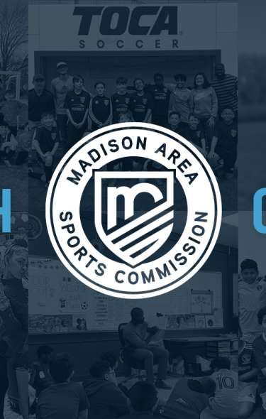 Madison Area Sports Commission logo with youth grant recipients in the background