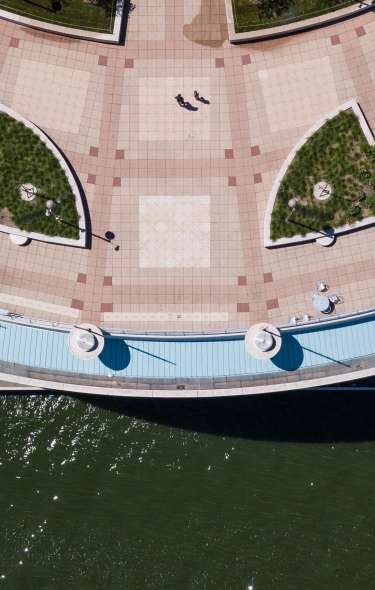 Aerial shot of the rooftop at Monona Terrace