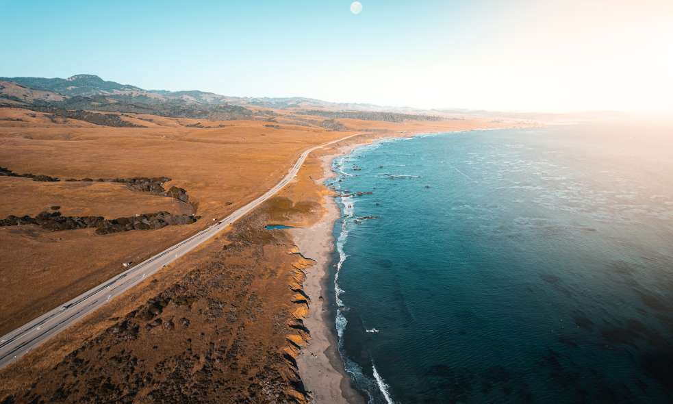 Aerial view of Highway 1 and coastline in San Simeon
