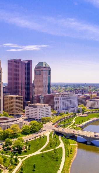 Skyline of downtown Columbus along the Scioto River