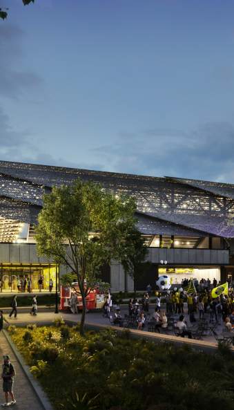 A rendering of the new Columbus Crew SC stadium located in the Arena District in downtown Columbus