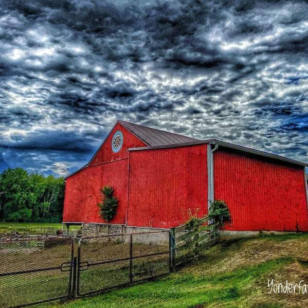 Red barn with hex sign