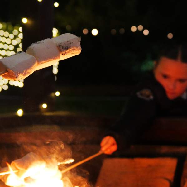 Two little girls roasting marshmallows over a fire pit. In the foreground is a stick with three roasted marshmallows. Blurred in the background are the two children. In the distance in bokeh and twinkling lights.