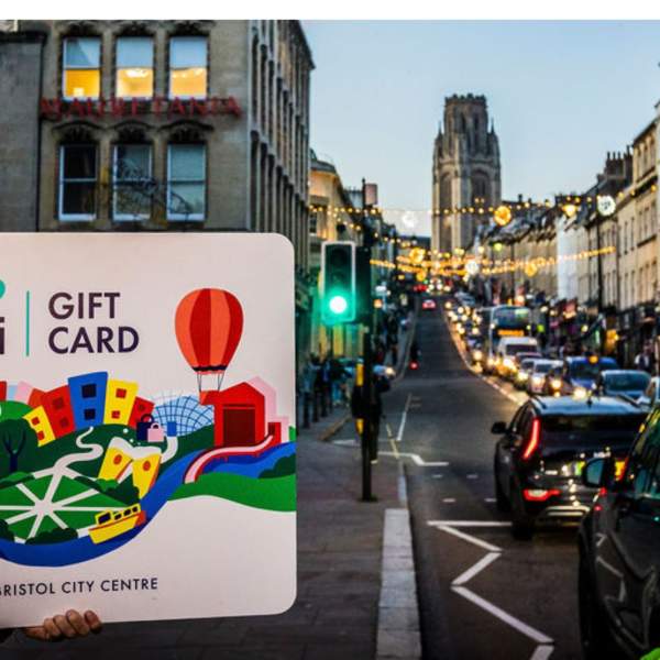 Love Bristol Gift Card with Christmas lights on Psrk Street in Bristol - credit Bristol City Centre BID
