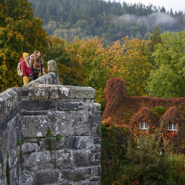 Couple standing on the bridge at Llanrwst overlooking old cottage covered in vines in autumnal colours