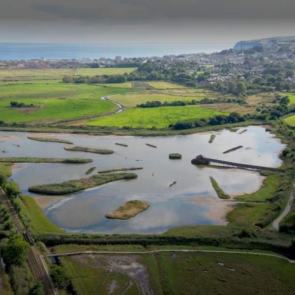 Aerial view of a scenic wetland area with ponds, surrounded by vibrant green fields and distant hills. A tranquil landscape under a clear sky.