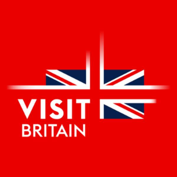 Words Visit Britain partial Union Jack on red background