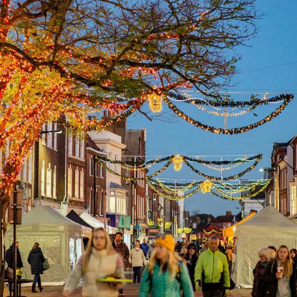 Chichester lit by Christmas lights