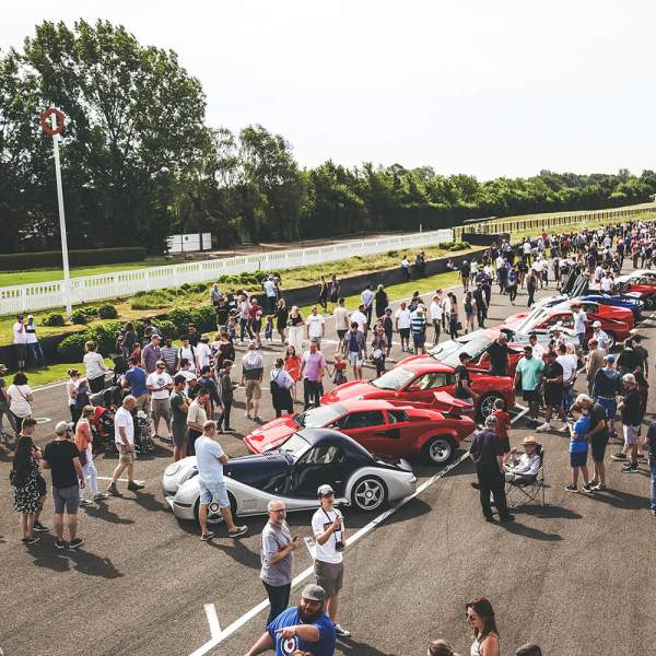 crowds stand around sports cars at Goodwood motor circuit