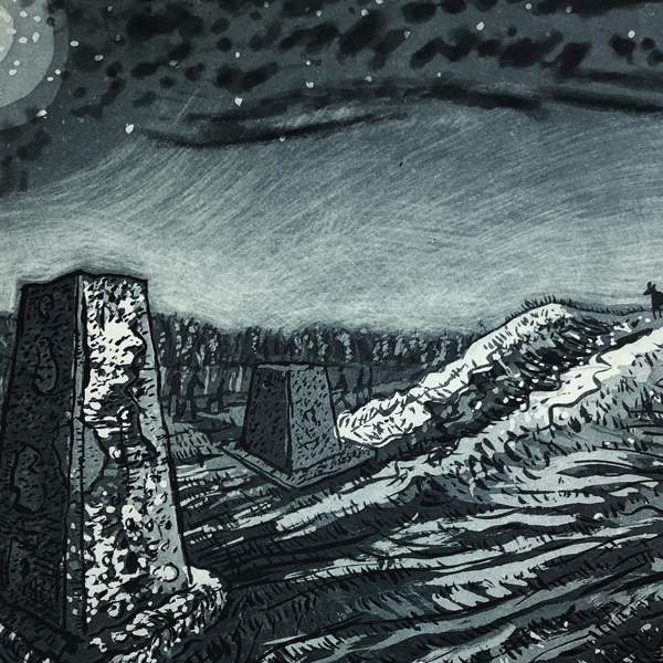 Hand printed black and white landscape image of a trig pillar, with hill behind and man stood with a dog