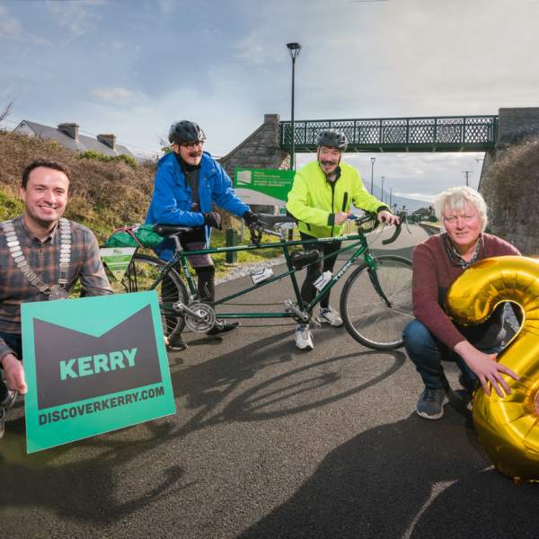 Celebrating two years of Kingdom of Kerry Greenways are Mayor of Tralee, Cllr Mikey Sheehy, Brian Haslett & Mark Irvine, The Gourmet Boys, from Belfast and Deputy Mayor of Listowel, Cllr Michael Leane. Photo: Pauline Dennigan