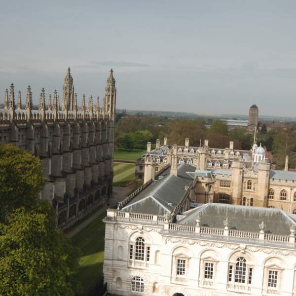 An aerial view of King's College Chapel and the Senate House